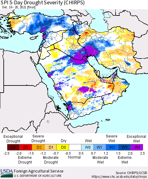 Middle East and Turkey SPI 5-Day Drought Severity (CHIRPS) Thematic Map For 12/16/2021 - 12/20/2021