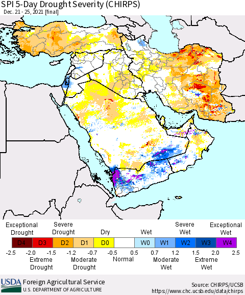 Middle East and Turkey SPI 5-Day Drought Severity (CHIRPS) Thematic Map For 12/21/2021 - 12/25/2021