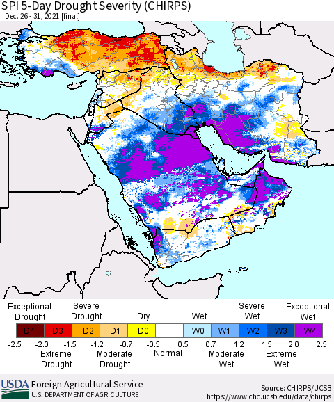 Middle East and Turkey SPI 5-Day Drought Severity (CHIRPS) Thematic Map For 12/26/2021 - 12/31/2021