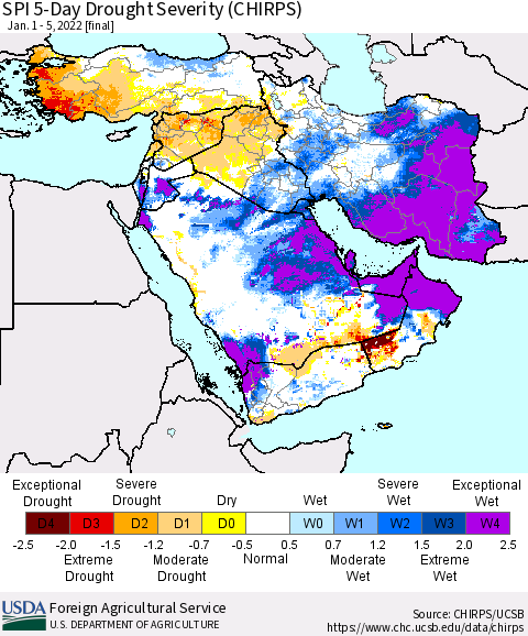 Middle East and Turkey SPI 5-Day Drought Severity (CHIRPS) Thematic Map For 1/1/2022 - 1/5/2022