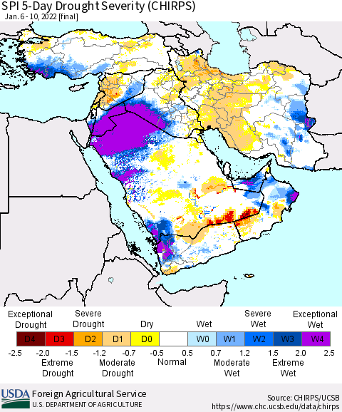 Middle East and Turkey SPI 5-Day Drought Severity (CHIRPS) Thematic Map For 1/6/2022 - 1/10/2022