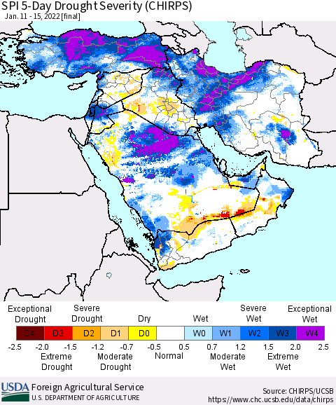 Middle East and Turkey SPI 5-Day Drought Severity (CHIRPS) Thematic Map For 1/11/2022 - 1/15/2022