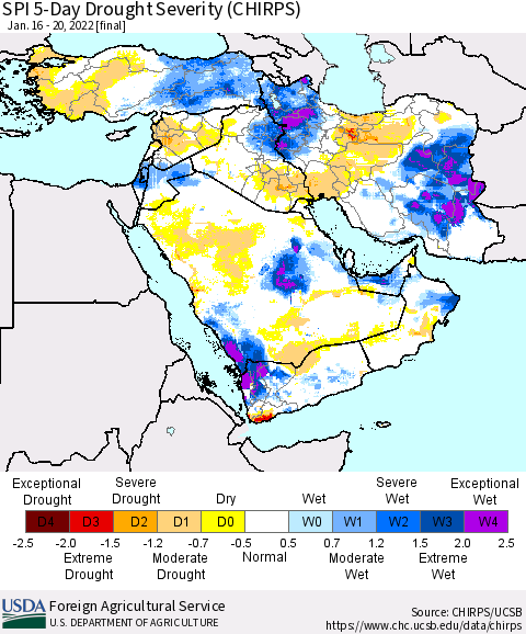 Middle East and Turkey SPI 5-Day Drought Severity (CHIRPS) Thematic Map For 1/16/2022 - 1/20/2022