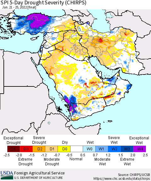 Middle East and Turkey SPI 5-Day Drought Severity (CHIRPS) Thematic Map For 1/21/2022 - 1/25/2022
