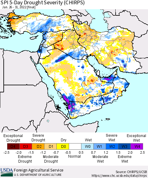 Middle East and Turkey SPI 5-Day Drought Severity (CHIRPS) Thematic Map For 1/26/2022 - 1/31/2022