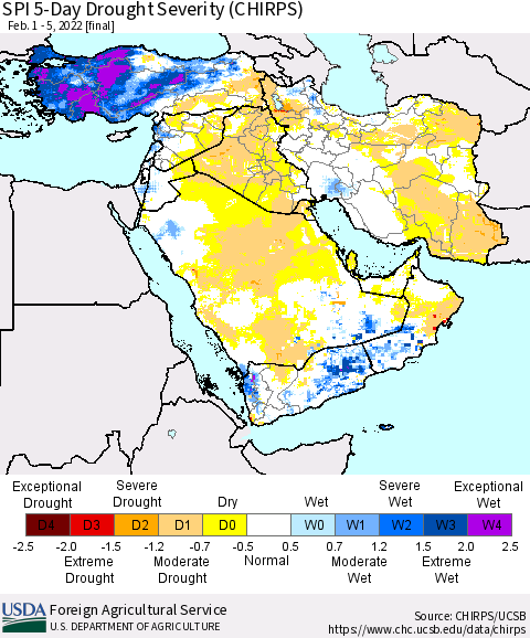 Middle East and Turkey SPI 5-Day Drought Severity (CHIRPS) Thematic Map For 2/1/2022 - 2/5/2022