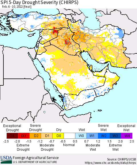 Middle East and Turkey SPI 5-Day Drought Severity (CHIRPS) Thematic Map For 2/6/2022 - 2/10/2022
