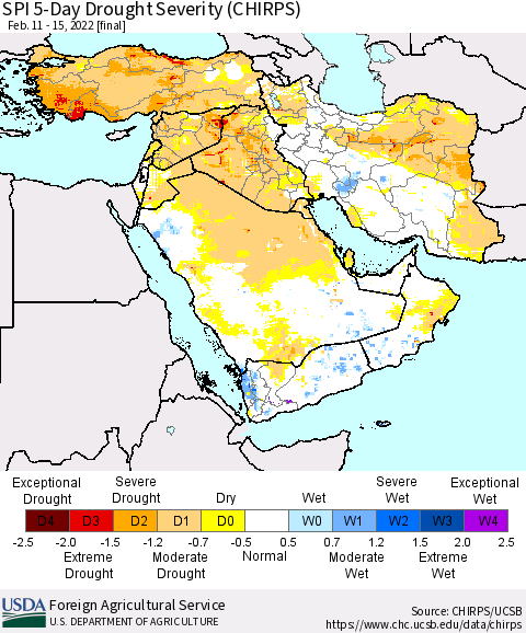 Middle East and Turkey SPI 5-Day Drought Severity (CHIRPS) Thematic Map For 2/11/2022 - 2/15/2022