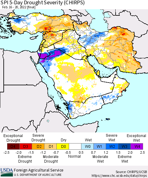 Middle East and Turkey SPI 5-Day Drought Severity (CHIRPS) Thematic Map For 2/16/2022 - 2/20/2022