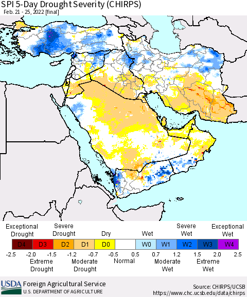 Middle East and Turkey SPI 5-Day Drought Severity (CHIRPS) Thematic Map For 2/21/2022 - 2/25/2022