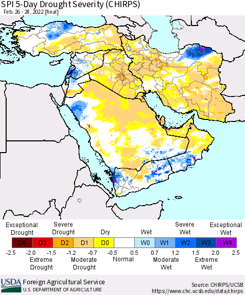 Middle East and Turkey SPI 5-Day Drought Severity (CHIRPS) Thematic Map For 2/26/2022 - 2/28/2022