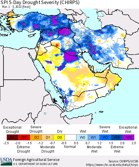 Middle East and Turkey SPI 5-Day Drought Severity (CHIRPS) Thematic Map For 3/1/2022 - 3/5/2022