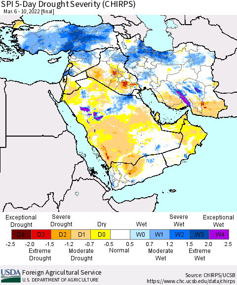Middle East and Turkey SPI 5-Day Drought Severity (CHIRPS) Thematic Map For 3/6/2022 - 3/10/2022