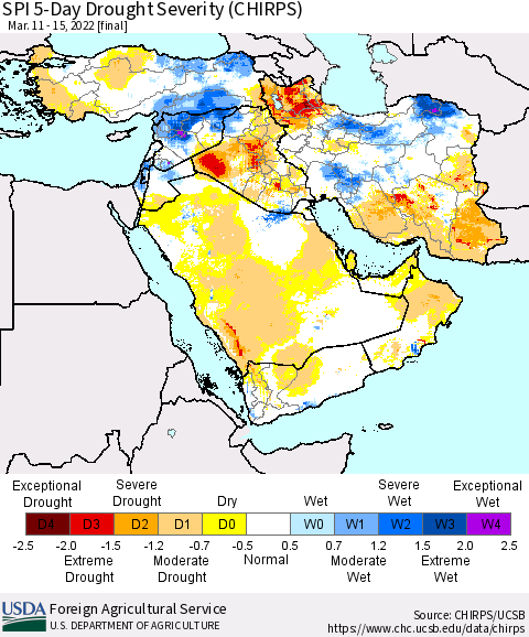 Middle East and Turkey SPI 5-Day Drought Severity (CHIRPS) Thematic Map For 3/11/2022 - 3/15/2022