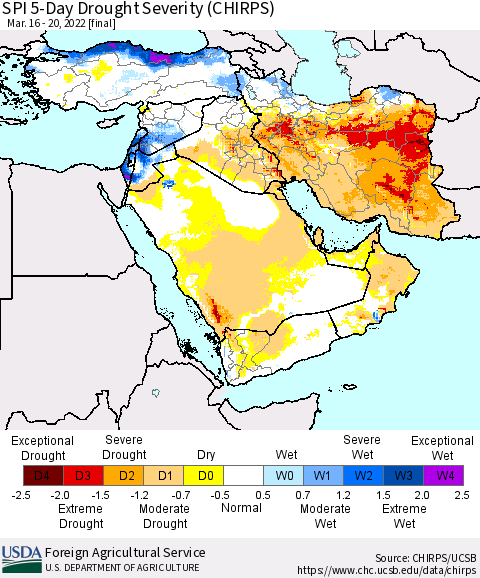 Middle East and Turkey SPI 5-Day Drought Severity (CHIRPS) Thematic Map For 3/16/2022 - 3/20/2022