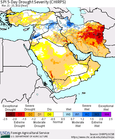 Middle East and Turkey SPI 5-Day Drought Severity (CHIRPS) Thematic Map For 3/21/2022 - 3/25/2022