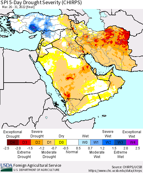 Middle East and Turkey SPI 5-Day Drought Severity (CHIRPS) Thematic Map For 3/26/2022 - 3/31/2022