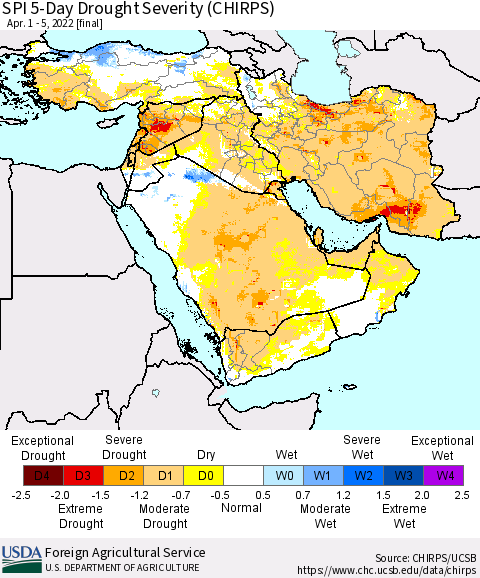 Middle East and Turkey SPI 5-Day Drought Severity (CHIRPS) Thematic Map For 4/1/2022 - 4/5/2022