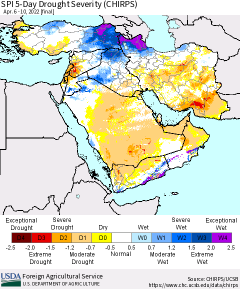 Middle East and Turkey SPI 5-Day Drought Severity (CHIRPS) Thematic Map For 4/6/2022 - 4/10/2022