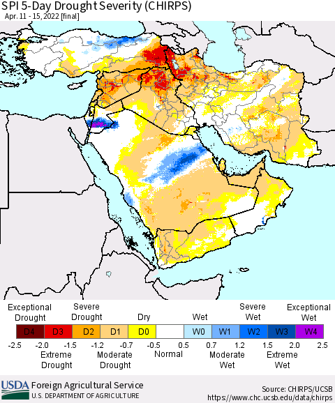 Middle East and Turkey SPI 5-Day Drought Severity (CHIRPS) Thematic Map For 4/11/2022 - 4/15/2022
