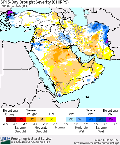 Middle East and Turkey SPI 5-Day Drought Severity (CHIRPS) Thematic Map For 4/16/2022 - 4/20/2022