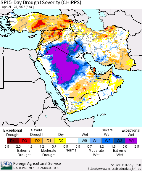 Middle East and Turkey SPI 5-Day Drought Severity (CHIRPS) Thematic Map For 4/21/2022 - 4/25/2022