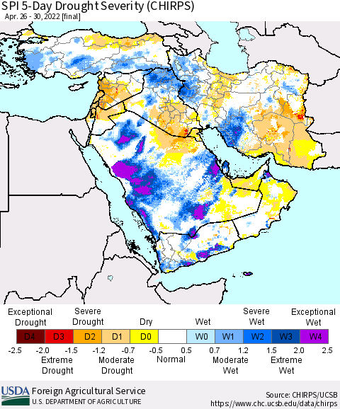 Middle East and Turkey SPI 5-Day Drought Severity (CHIRPS) Thematic Map For 4/26/2022 - 4/30/2022