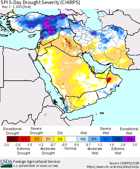 Middle East and Turkey SPI 5-Day Drought Severity (CHIRPS) Thematic Map For 5/1/2022 - 5/5/2022