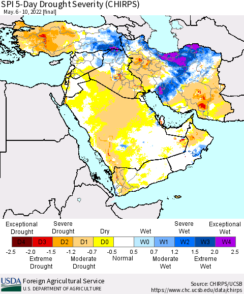 Middle East and Turkey SPI 5-Day Drought Severity (CHIRPS) Thematic Map For 5/6/2022 - 5/10/2022