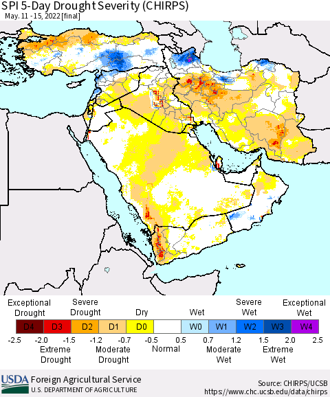 Middle East and Turkey SPI 5-Day Drought Severity (CHIRPS) Thematic Map For 5/11/2022 - 5/15/2022