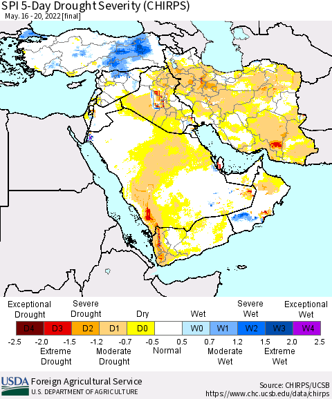 Middle East and Turkey SPI 5-Day Drought Severity (CHIRPS) Thematic Map For 5/16/2022 - 5/20/2022