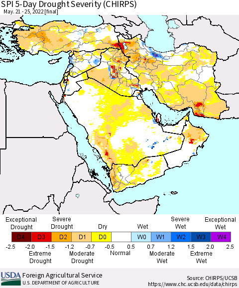 Middle East and Turkey SPI 5-Day Drought Severity (CHIRPS) Thematic Map For 5/21/2022 - 5/25/2022