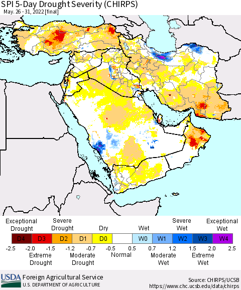 Middle East and Turkey SPI 5-Day Drought Severity (CHIRPS) Thematic Map For 5/26/2022 - 5/31/2022