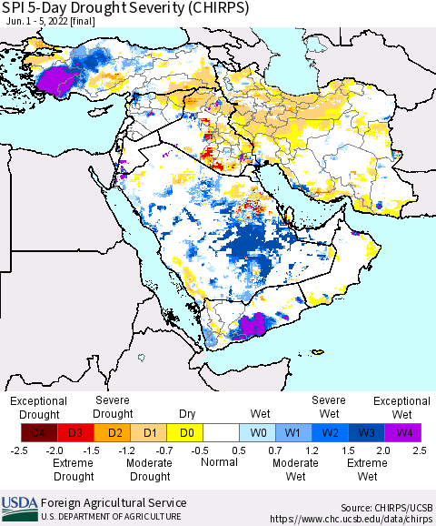 Middle East and Turkey SPI 5-Day Drought Severity (CHIRPS) Thematic Map For 6/1/2022 - 6/5/2022