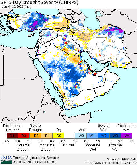 Middle East and Turkey SPI 5-Day Drought Severity (CHIRPS) Thematic Map For 6/6/2022 - 6/10/2022