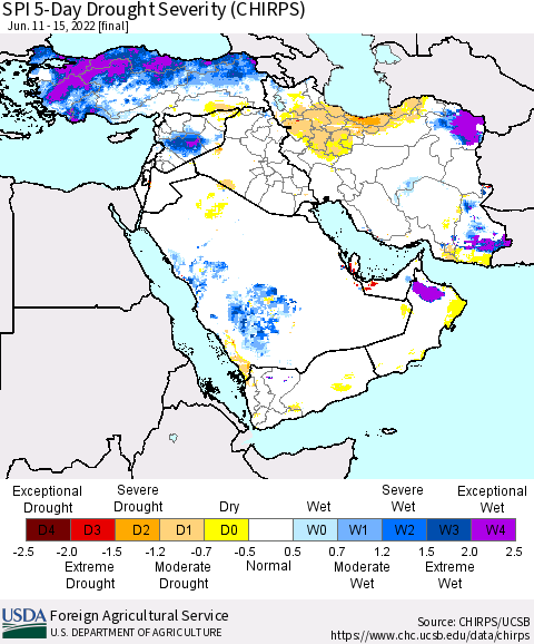Middle East and Turkey SPI 5-Day Drought Severity (CHIRPS) Thematic Map For 6/11/2022 - 6/15/2022