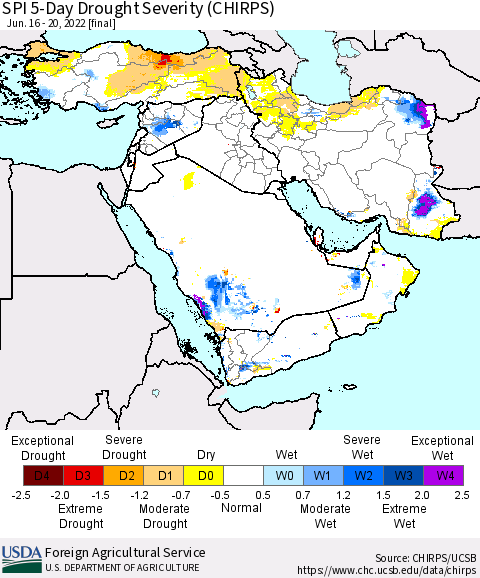 Middle East and Turkey SPI 5-Day Drought Severity (CHIRPS) Thematic Map For 6/16/2022 - 6/20/2022