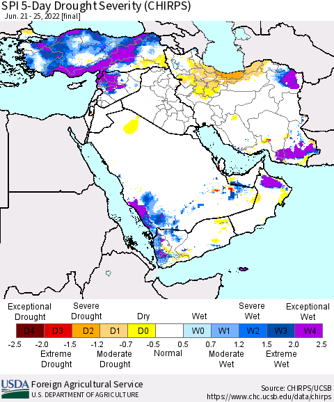 Middle East and Turkey SPI 5-Day Drought Severity (CHIRPS) Thematic Map For 6/21/2022 - 6/25/2022