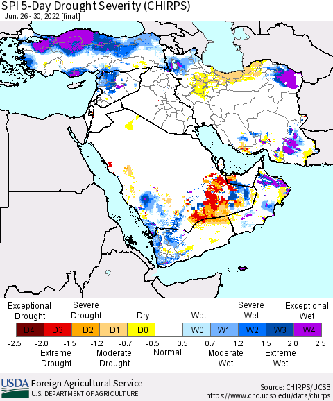 Middle East and Turkey SPI 5-Day Drought Severity (CHIRPS) Thematic Map For 6/26/2022 - 6/30/2022