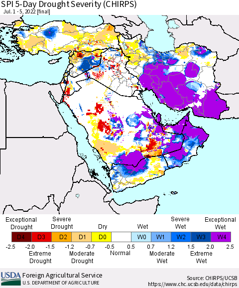 Middle East and Turkey SPI 5-Day Drought Severity (CHIRPS) Thematic Map For 7/1/2022 - 7/5/2022