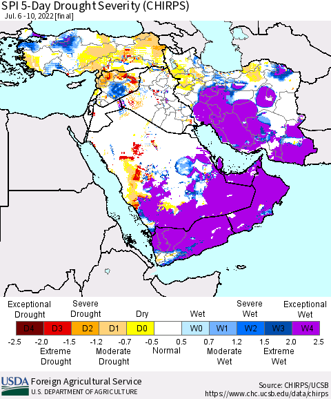 Middle East and Turkey SPI 5-Day Drought Severity (CHIRPS) Thematic Map For 7/6/2022 - 7/10/2022
