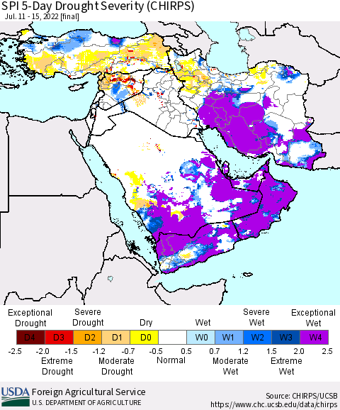 Middle East and Turkey SPI 5-Day Drought Severity (CHIRPS) Thematic Map For 7/11/2022 - 7/15/2022