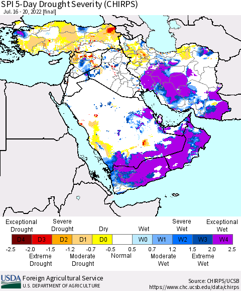 Middle East and Turkey SPI 5-Day Drought Severity (CHIRPS) Thematic Map For 7/16/2022 - 7/20/2022