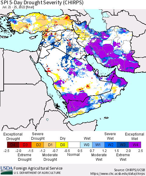 Middle East and Turkey SPI 5-Day Drought Severity (CHIRPS) Thematic Map For 7/21/2022 - 7/25/2022