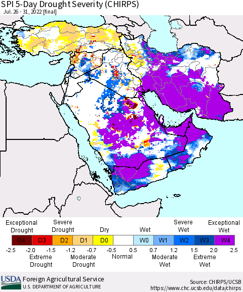 Middle East and Turkey SPI 5-Day Drought Severity (CHIRPS) Thematic Map For 7/26/2022 - 7/31/2022