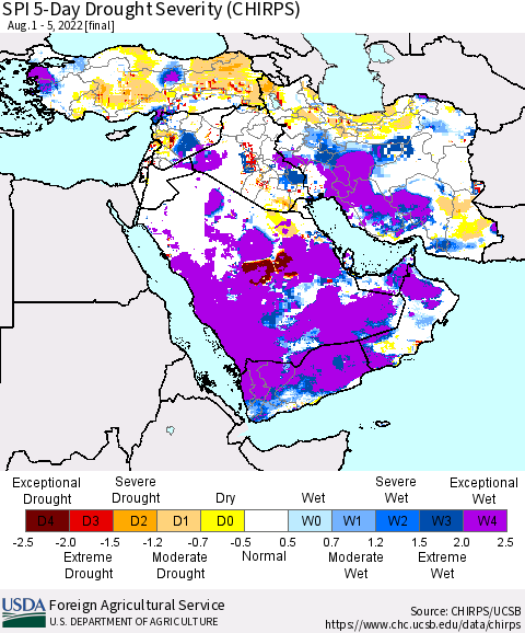 Middle East and Turkey SPI 5-Day Drought Severity (CHIRPS) Thematic Map For 8/1/2022 - 8/5/2022