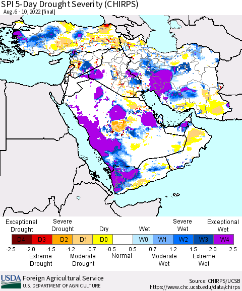 Middle East and Turkey SPI 5-Day Drought Severity (CHIRPS) Thematic Map For 8/6/2022 - 8/10/2022
