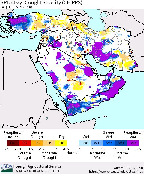 Middle East and Turkey SPI 5-Day Drought Severity (CHIRPS) Thematic Map For 8/11/2022 - 8/15/2022