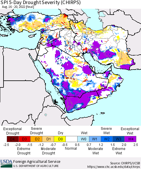 Middle East and Turkey SPI 5-Day Drought Severity (CHIRPS) Thematic Map For 8/16/2022 - 8/20/2022