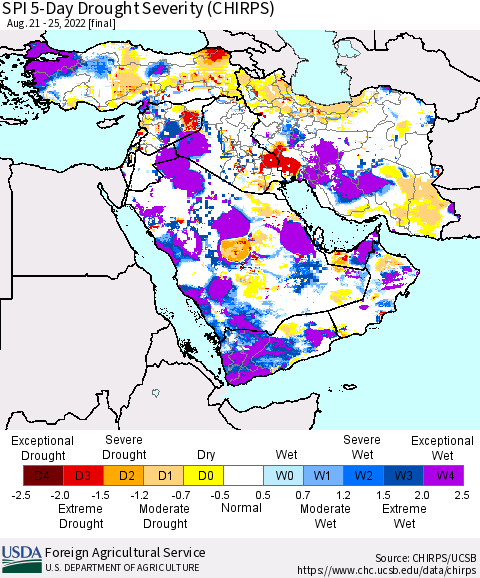 Middle East and Turkey SPI 5-Day Drought Severity (CHIRPS) Thematic Map For 8/21/2022 - 8/25/2022